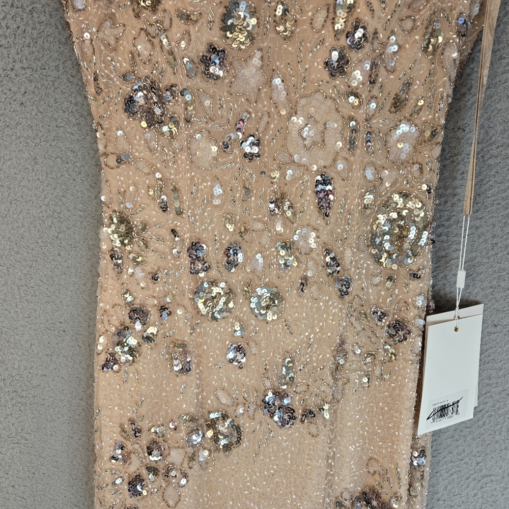 Mac Duggal Maxi Gown Womens Sz 4 Nude Silver Embellished Sequins Beads Lined - Picture 3 of 16